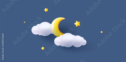Good night and sweet dreams 3d illustration with yellow crescent and soft clouds with stars