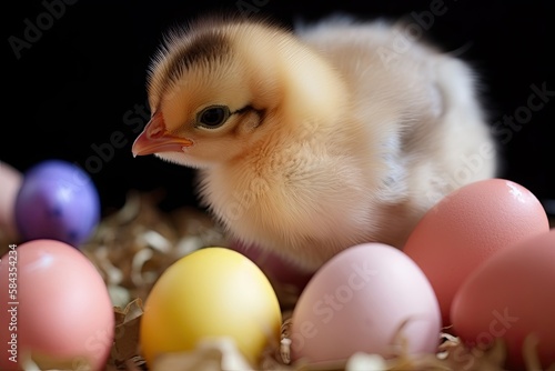 A baby chick with Easter eggs © MG Images