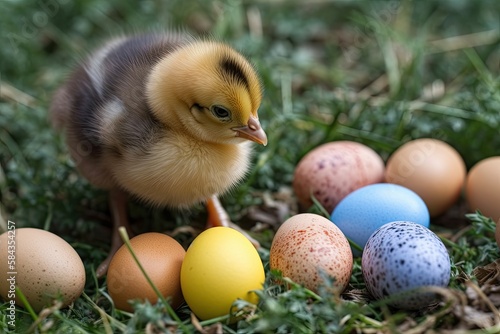 A baby chick with Easter eggs