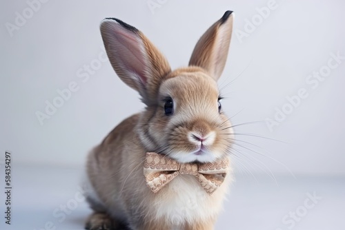 A bunny rabbit wearing a bowtie with Easter eggs