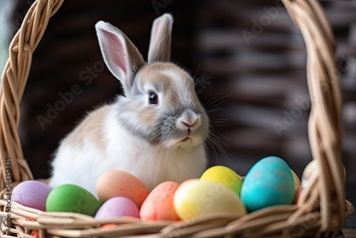 A bunny rabbit in an Easter basket with Easter eggs