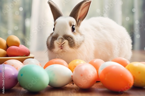 A bunny rabbit with Easter eggs