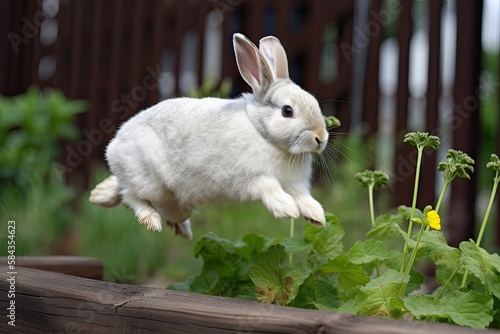 A bunny rabbit hopping in a field