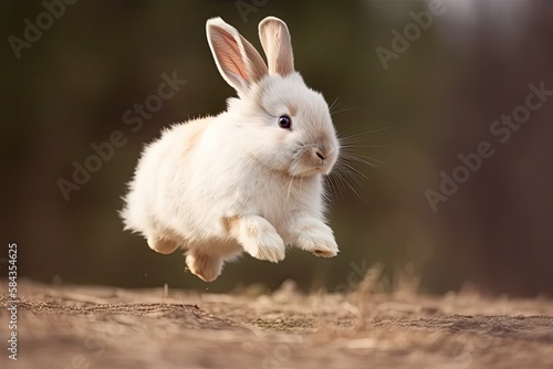 A bunny rabbit hopping in a field