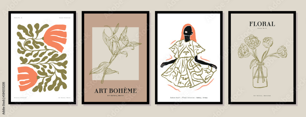 Vector illustration set of female portraits and botanical printable posters. Art for for postcards, wall art, banner, background Vector illustration set of female portraits and botanical printable posters. Art for for postcards, wall art, banner, background