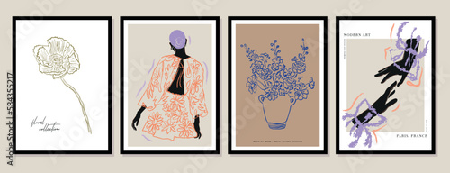 Vector illustration set of female portraits and botanical printable posters. Art for for postcards, wall art, banner, background