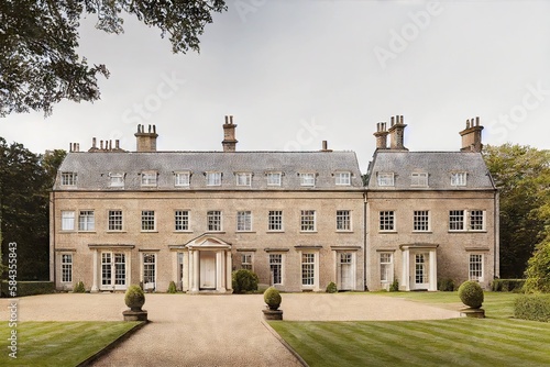 Family mansion traditional family estate with garden and lawn english style house exterior, created with generative ai