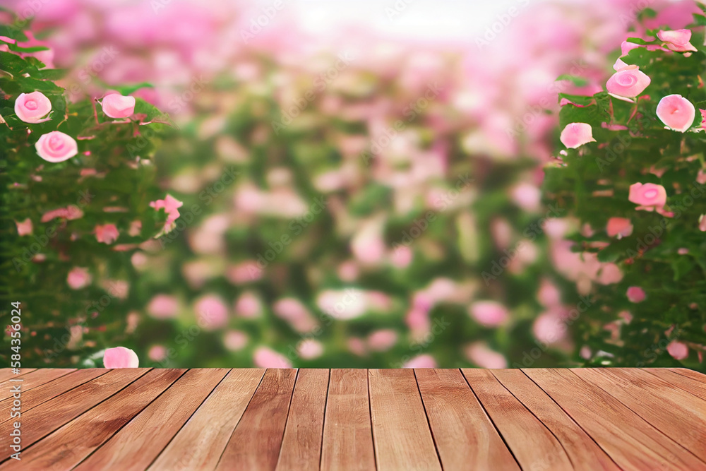 Shelf of Brown wood plank board with blurred pink flowers garden rose nature background. AI Generated