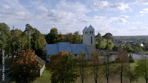 Aerial view of the Catholic Church in Salcininkai, Lithuania photo