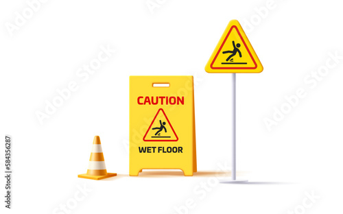 set of 3d render illustration of yellow plastic wet floor sign, slippery surface street sign with plastic cone
