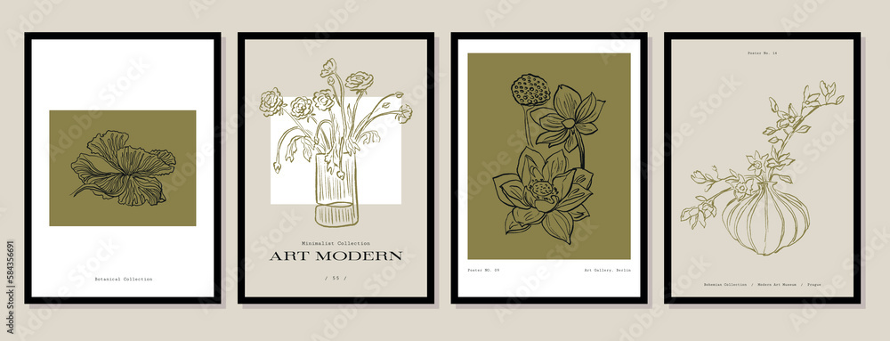 Vector illustration set of botanical printable posters. Art for postcards, wall art, banner, background Vector illustration set of botanical printable posters. Art for postcards, wall art, banner, background