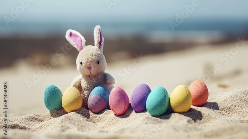 Cute rabbit toy and colorful painted easter eggs at the beach. Shallow depth of field. Concept of happy easter day.