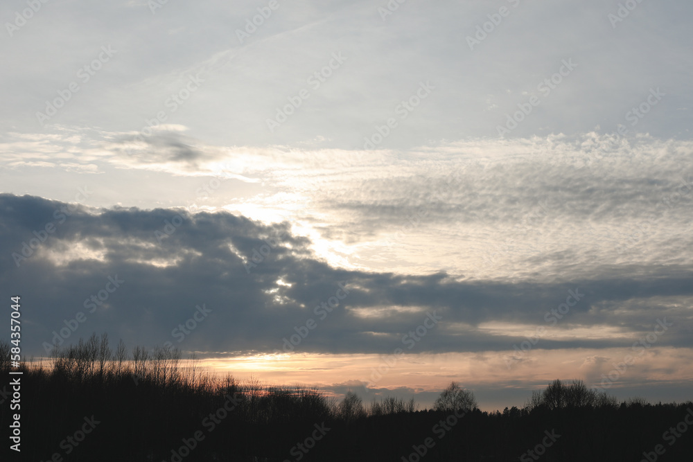 Obraz premium Amazing panoramic sunrise or sunset sky with colorful clouds. Gradient color. Sky texture, abstract nature background