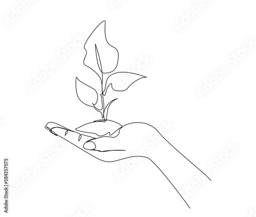 Continuous one line drawing of hand holding growing plant. Hand holds plant, go green concept line art vector illustration.