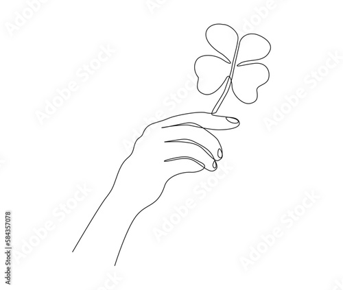 Continuous one line drawing of hand holding four leaf. Hand holds leaf line art vector illustration.