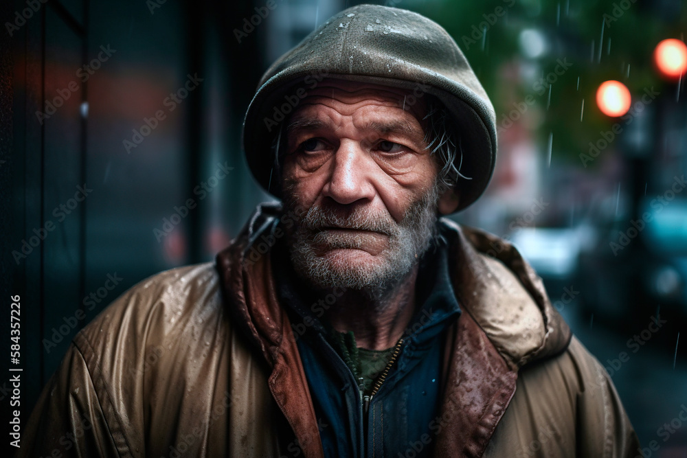 elderly homeless man in the street on a rainy day. generated by AI