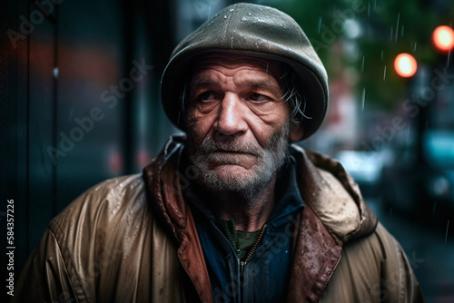 elderly homeless man in the street on a rainy day. generated by AI © JoseLuis