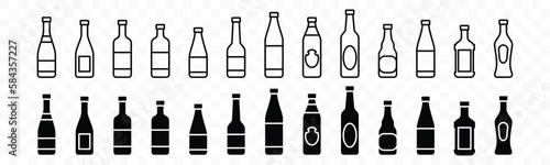 Glass Bottle icons vector set. Alcohol drinks types with editable stroke. Liquor, beverages, bar drink, beer, cocktails, wine sign and symbol in line and flat style. Vector illustration