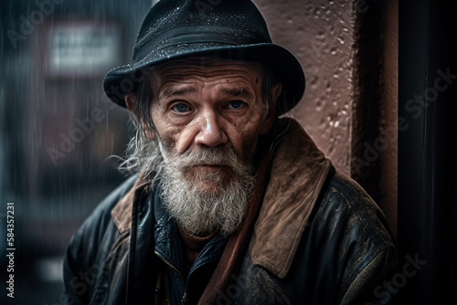 old homeless man in the street on a rainy day. generated by AI