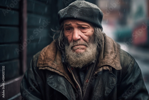 elderly homeless man in the street on a rainy day. generated by AI