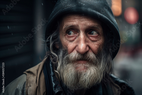 old homeless man in the street on a rainy day. generated by AI © JoseLuis