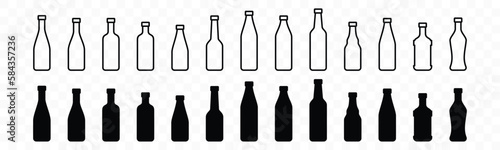 Glass Bottle icons vector set. Alcohol drinks types with editable stroke. Liquor, beverages, bar drink, beer, cocktails, wine sign and symbol in line and flat style. Vector illustration