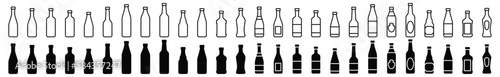 Glass Bottle icons vector set. Alcohol drinks types with editable stroke. Liquor, beverages, bar drink, beer, cocktails, wine sign and symbol in line and flat style. Vector illustration