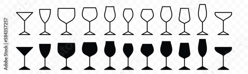 Drink glasses icons vector set. Alcohol glass types with editable stroke. Alcoholic cocktail glass icon sign and symbol in line and flat style. Liquor, beverages, bar, beer. Vector illustration