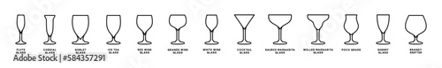 Drink glasses icons vector set. Alcohol glass types with editable stroke. Alcoholic cocktail glass icon sign and symbol in line style. Liquor, beverages, bar, beer, cocktails. Vector illustration