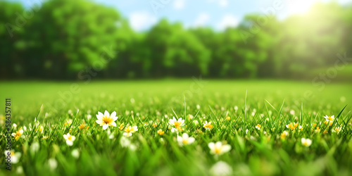 Spring landscape  blossoming field with green grass and white flowers  forest  blue sky with clouds. Nature illustration. Generative AI