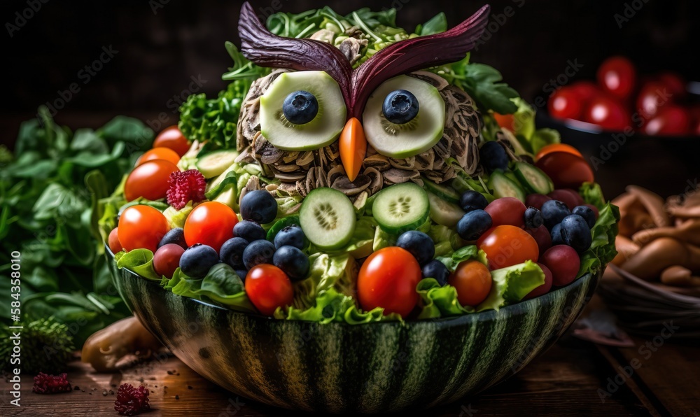  a fruit and vegetable bowl with an owl made of fruit and vegetables.  generative ai