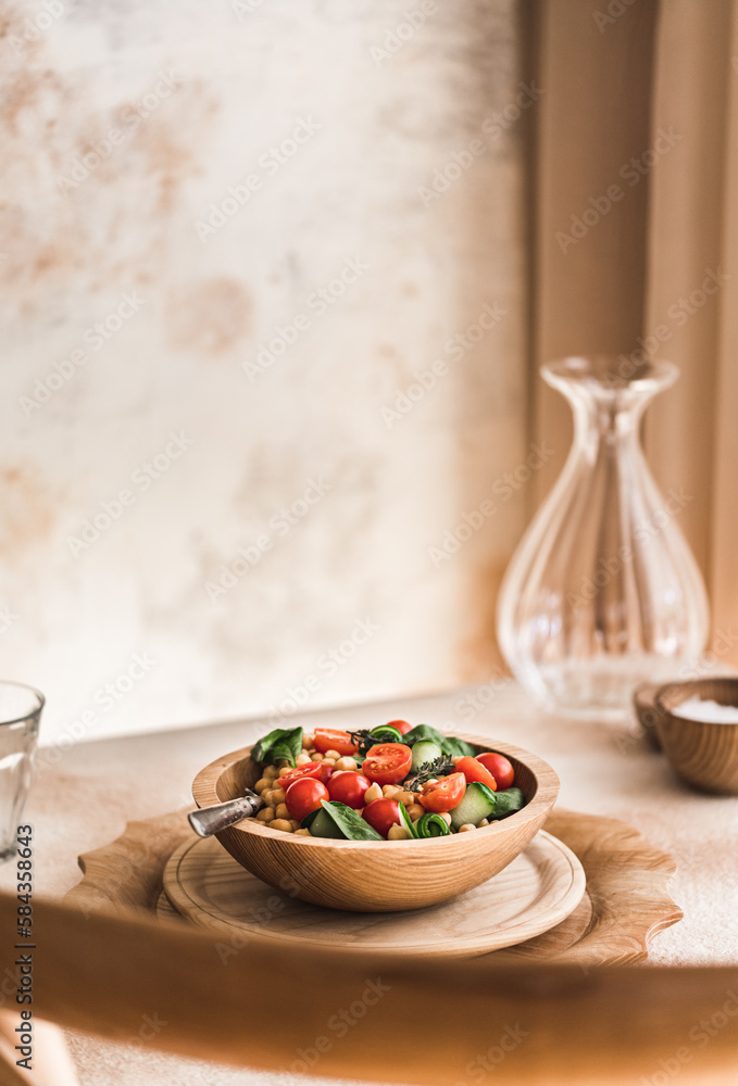 Healthy salad in wooden bowl on table Healthy salad in wooden bowl on table