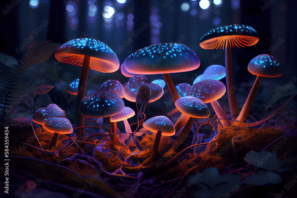 bunsh of magic mushrooms, illustration , created using AI tools