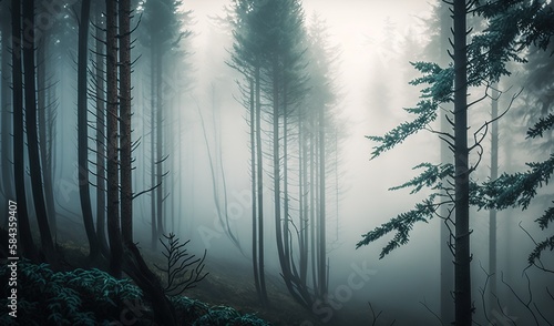  a forest filled with lots of tall trees covered in fog. generative ai