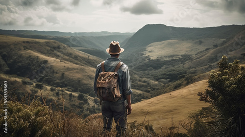 A man visits the grassland on a holiday adventure trip with generative ai technology