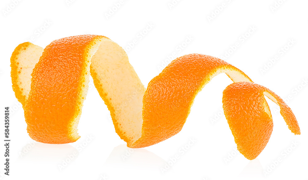Orange peel in spiral form isolated on a white background. Skin of