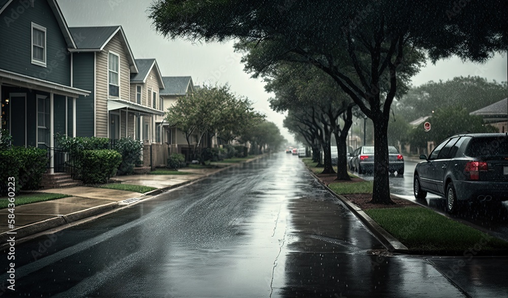  a wet street lined with houses on a rainy day with a black truck parked on the side of the road.  generative ai