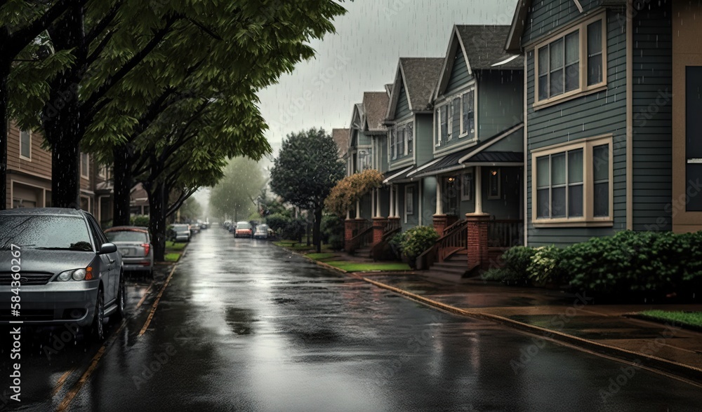 a rainy day in a neighborhood with houses and cars parked on the street.  generative ai