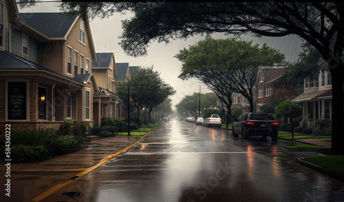  a wet street with cars parked on the side of it. generative ai