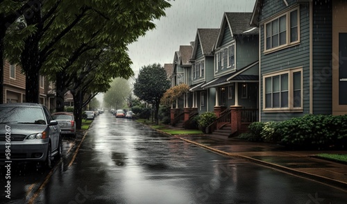  a rainy day in a neighborhood with houses and cars parked on the street. generative ai