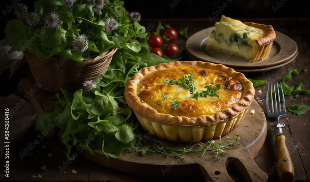 a quiche on a cutting board next to a basket of flowers. generative ai a quiche on a cutting board next to a basket of flowers. generative ai