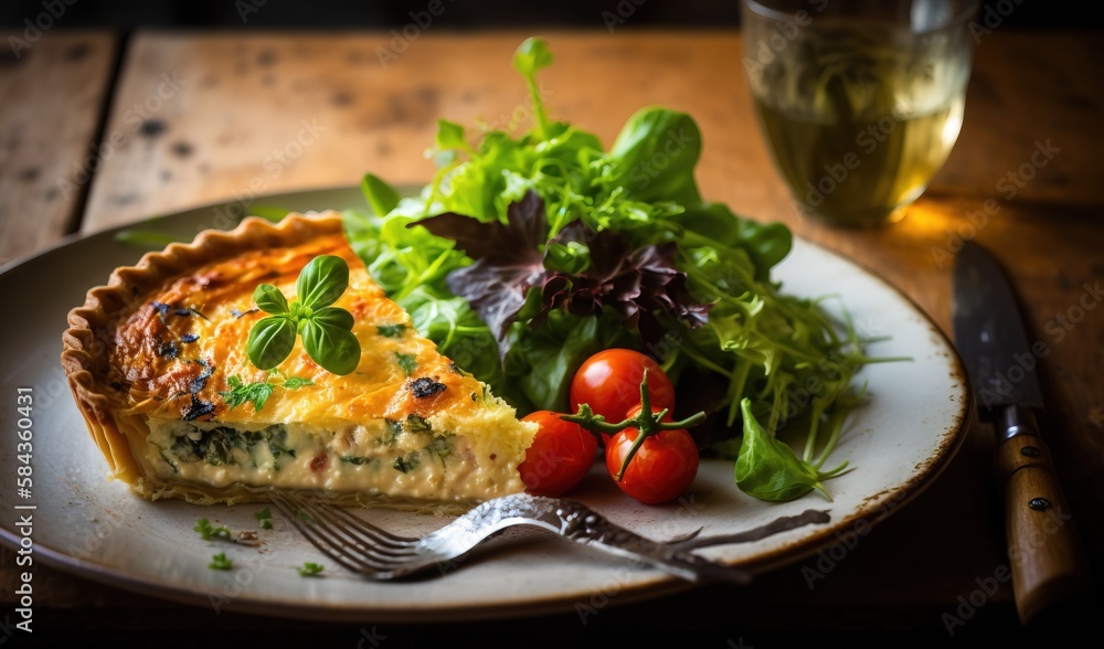 a plate with a slice of quiche and a salad on it. generative ai a plate with a slice of quiche and a salad on it. generative ai