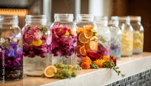 Glass bottles with refreshing fruit-infused water tea decorated with flowers Generative AI Illustration