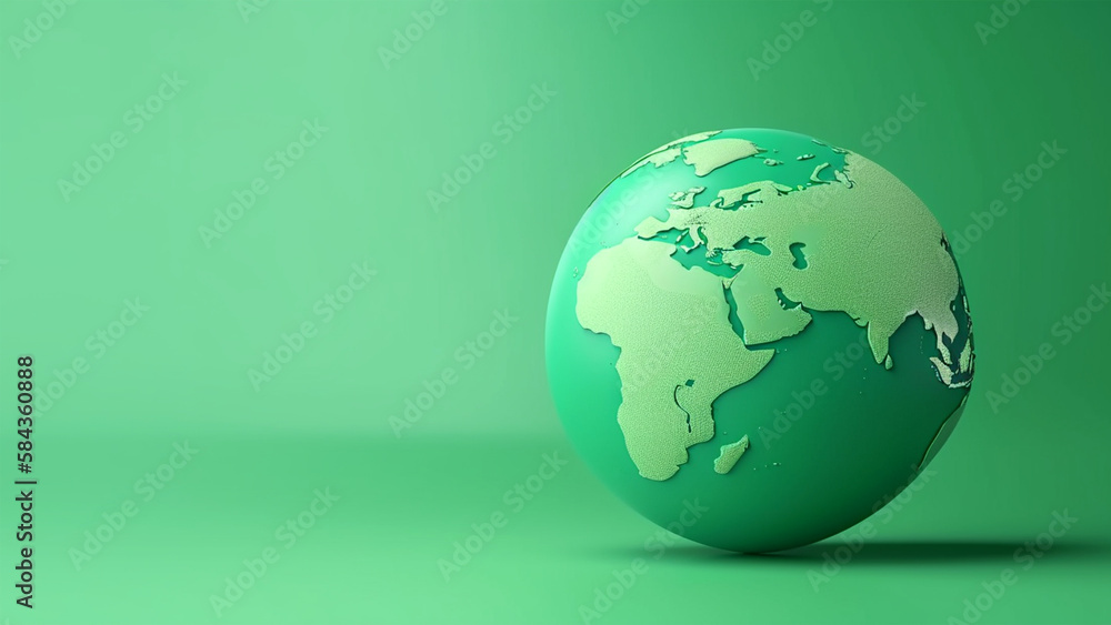 Green globe, earth map 3D on green background, business and ecological banner. AI generated image.