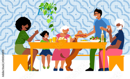 Family celebration. Grandparents, parents and children gathered around the table for a special Sunday lunch. Mother's Day Barbecue.