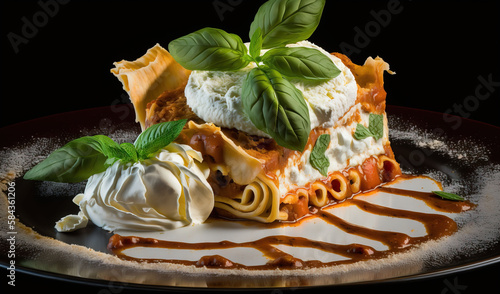  a piece of lasagna covered in sauce and whipped cream.  generative ai photo