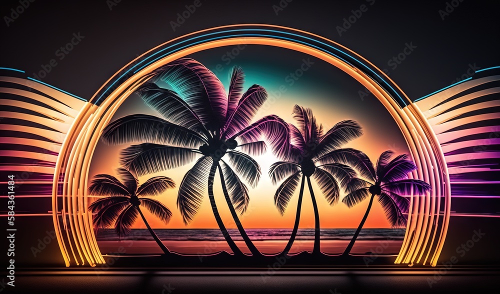 Naklejka premium a painting of a sunset with palm trees in the foreground. generative ai