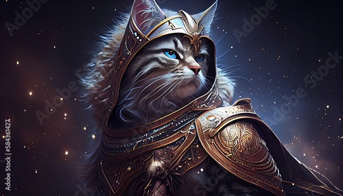 Cat Warrior Animal Knight Paladin AI Generated Magic Brave Animal Head Portrait
