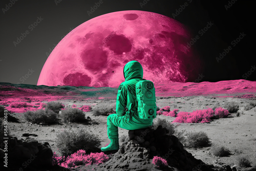 © ADDICTIVE STOCK - Generative AI illustration full body back view of cosmonaut in spacesuit sitting on pink planet near rocky formations against big pink moon