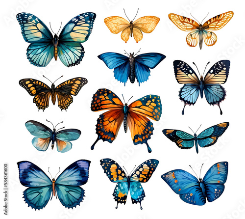 Realistic illustration of mixed set butterflies  on isolated white background created with Generative AI technology © designermetin